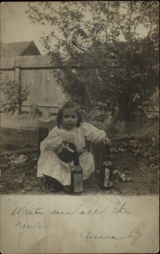Winona Mn Cancel - Little Girl In Yard W/ Bottles C1910 Real Photo Postcard