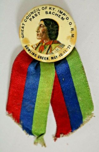 Order Of Red Men Great Council Bowling Green Kentucky 1921 Button Badge Ribbon