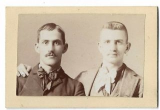Small Early 20th Century Album Card Photograph,  2 Men Brothers Gay Interest Arms