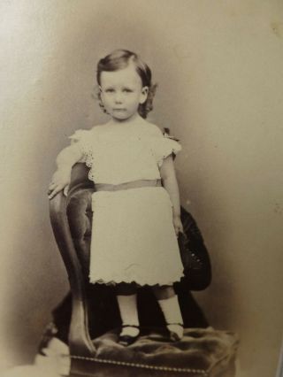 Antique Cdv Photo Darling Little Boy Standing On Chair Wearing Dress C1870s