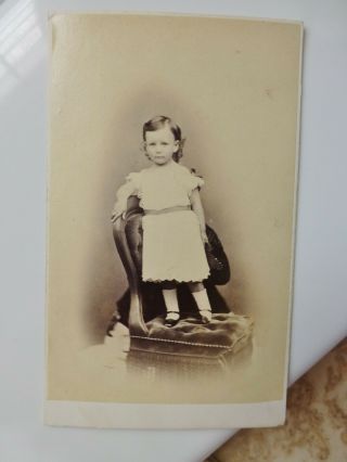 Antique CDV Photo Darling Little Boy Standing on Chair Wearing Dress c1870s 2