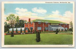 Martinsville Indiana Grassyforks Fisheries Brick Building 1940s Postcard