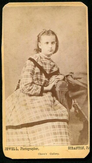 Antique Cdv Photo Young Girl W Homespun Plaid Dress Scranton Pa 1800s
