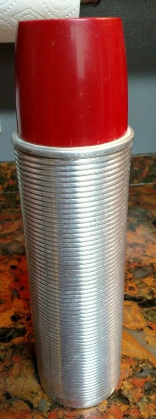 Vintage Large Silver Metal Thermos Model No.  2484 With Red Plastic Top