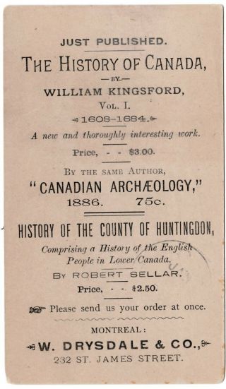 1880s Victorian Postal Stationery Card (p7d) ; Reverse Canadian History Book Ad