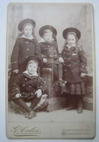 Antique Cabinet Card Photograph 4 Children In Navy Uniforms Hms Swift Hat