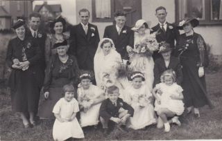 Old Vintage Photo Wedding Bride Groom Bridesmaid Guests Children Boy Girl Oc2