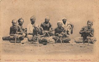 Postcard Ceylon Ethnic Pearl Fishing Drilling & Faking Pearls