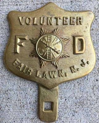 Vintage Metal Fire Dept.  4 1/4 " License Plate Topper Fair Lawn Jersey