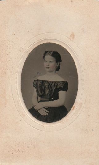 Cdv Tintype Young Girl Off Shoulder Dress,  Cross Necklace,  Bird Earrings,  Color