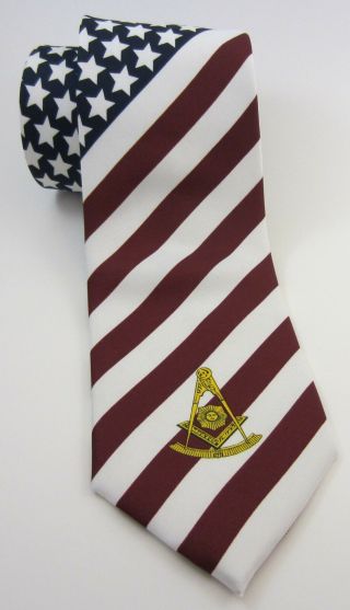 Masonic Tie Past Master Usa American Flag Freemason Mason Red White Blue