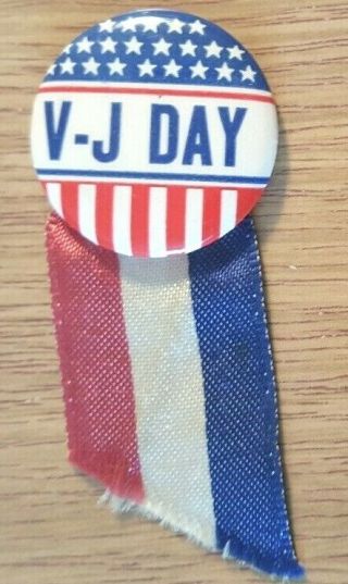 V - J Day Pinback Button With Ribbon End August 12