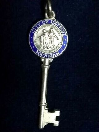 1960s Vintage Key To The City Of Detroit Michigan Charm Brass Blue Enamel Mi