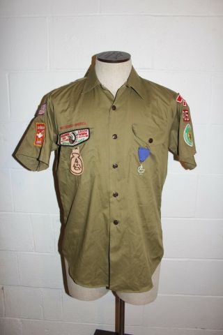 Vintage 1970s Boy Scouts Of America Usa Made Mens Medium Shirt W/ Patches