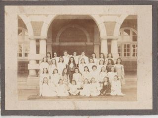 Old Photo Children School Building Class Girls Pinafore Dress At2