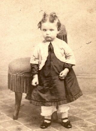 1860s Cdv Photo Little Girl W/ Pantaloons Stands Alongside Fringed Chair Cute