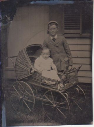 1860s Tintype Photo ID ' ed BABY in WICKER Carriage w/ Older Brother Sixth Plate 2