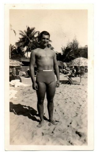 Good Looking Shirtless Man Swimsuit Beach Scene Vintage Snapshot Photo