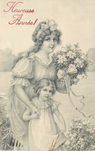 Year Country Lady Lil Girl Gather Flowers Depose Nr 75401 Artis