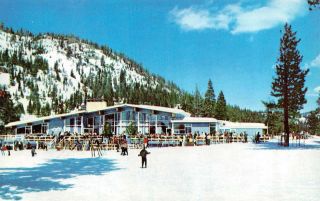 Lake Tahoe,  Ca California Squaw Valley Lodge Skiers Roadside Chrome Postcard