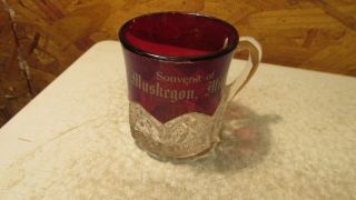 Antique Souvenir Ruby Flash Glass Mug Muskegon Michigan