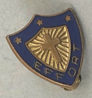 Vintage Gold Tone Blue Enamel Effort Christian Cross Shield Lapel Pin