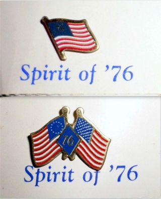 Nos Set Of 2 Vintage Bicentennial Spirit Of 76 Flag Pins On Card Look H