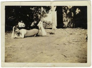 Swimsuit Lady In The Dirt.  1920s (?) Vintage Photo Of A Woman In A Bathing Suit