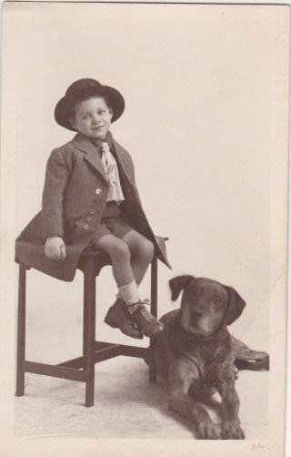 Unusual Old Vintage Photo Children Boy Large Dog Pet Animal F3
