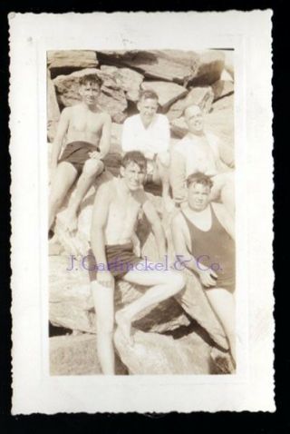 Vintage Sepia Photo - 5 Men On The Rocks At Beach - Gay Gentleman 