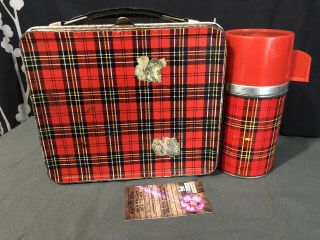 Vintage Red Plaid Metal Lunch Box & Thermos Aladdin Industries 1960s