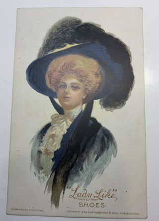 Vintage Postcard Advertising " Lady Like " Shoes Trade Mark,  1908 Lady With Hat