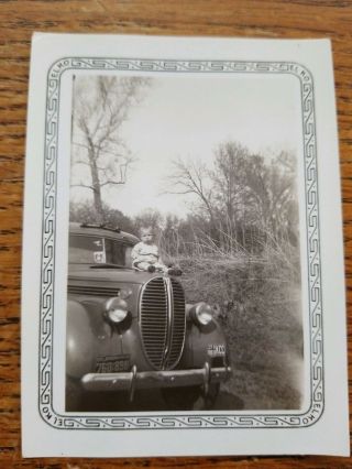 Vintage Photo Snapshot Baby Sitting On Hood Of Car Truck 30 