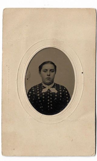1860s Tintype Photograph Young Woman,  Pattern Dress Hair Pulled Up