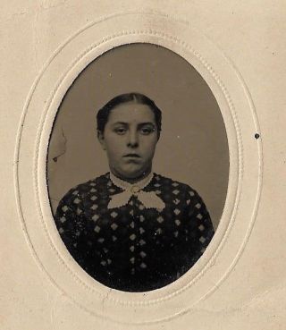 1860s Tintype Photograph Young Woman,  Pattern Dress Hair Pulled Up 2