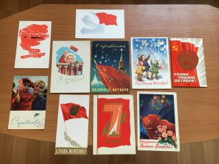Set 10 Soviet Russian Postcards Propaganda Ussr Lenin October Revolution