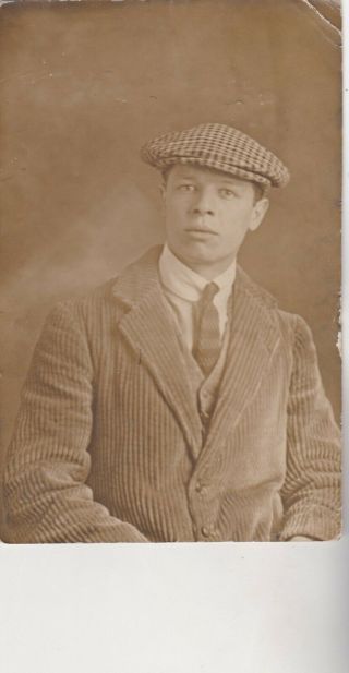 Old Vintage Photo Postcard Handsome Man Cordoroy Jacket Flat Cap 1910s Pv9