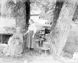 Glass Negative - Two Women On Farm - Early 1900 