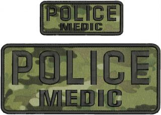 Police Medic Embroidery Patches 4x10 And 2x5 Hook On Back Multicam/black