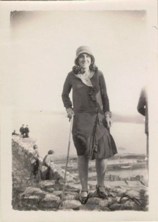 Vintage Photo Young Woman With Walking Cane On Rocks By The Sea C.  1920s