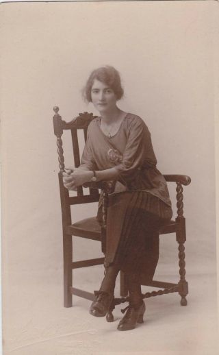Vintage Photo Young Woman Sitting On Chair 1920s Fashion