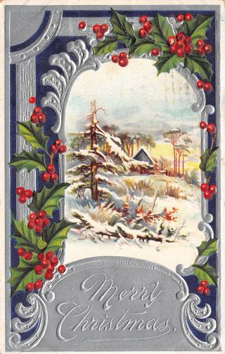 Christmas Country Keyhole Navy Blue & Silver Art Nouveau Holly Berry Emboss Mab