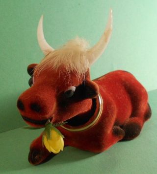 Felt Flocked Brown Bull Cow Bobble Head Nodder Vtg Hong Kong - Horn Rack