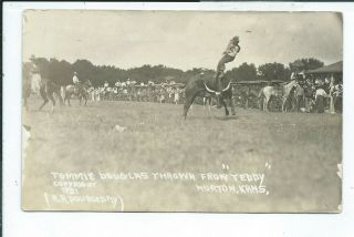 Norton Ks Kansas Rppc Postcard Cowboy Rodeo Tommie Douglas Thrown From Teddy