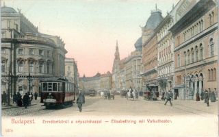 Budapest,  Hungary Street Scene Volkstheater Streetcars C1910s Postcard