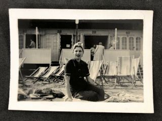 Vintage Bw Photo Dj: Young Woman On The Beach: Deckchair Huts