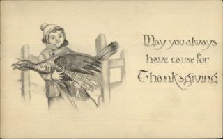 Thanksgiving Little Boy Holding Turkey C1910 Postcard