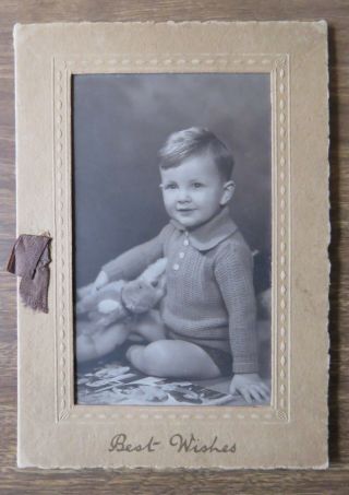 Vintage Photo In Greeting Card Little Boy With Toy Rabbit C.  1930s