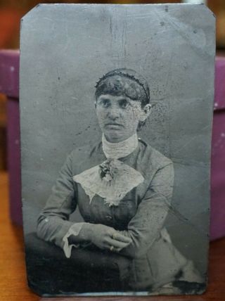1860s - 70s Tin Type Photo Portrait Seated Woman With Flowers