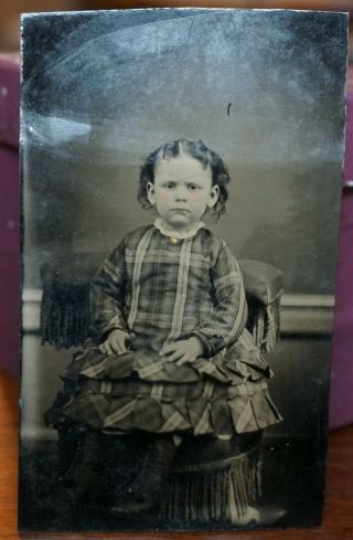 1860s - 70s Tin Type Photo Portrait Seated Little Girl With Plaid Dress